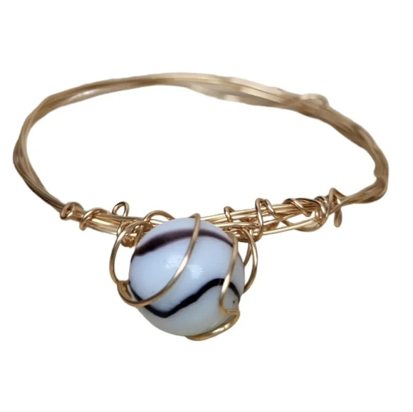 Hand crafted Wire Wrapped Marble Real 14K Gold Plated Copper Wire Bangle - Picture 1 of 3